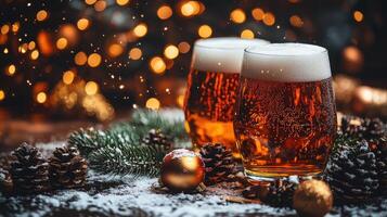 Two glasses of beer are standing on a wooden table with christmas decoration and bokeh lights on background photo