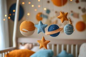 Baby mobile hanging over crib with planets and stars in a bright nursery photo