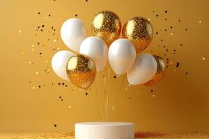 White and gold balloons floating over a round podium with falling confetti photo