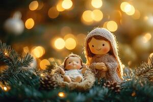 Nativity scene figurines resting on christmas tree branches with twinkle lights photo