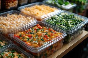 Variety of delicious salads displayed on a wooden countertop in a store photo