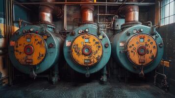 Old industrial boilers showing their age and disuse in factory setting photo