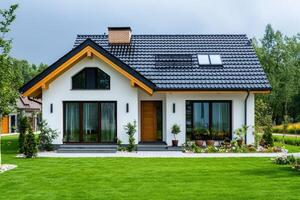 Modern house with skylights on the roof is surrounded by green grass photo