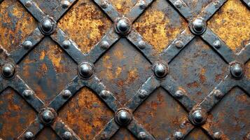 Old rusty metal door with forged steel bands showing diagonal pattern photo
