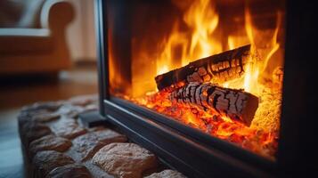 Fireplace burning with christmas tree lights reflecting in the window photo