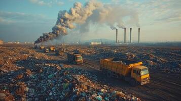 Trucks arriving at garbage dump with smoking chimneys in background photo