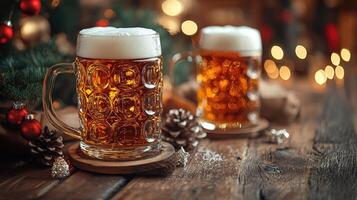 Two glasses of beer are standing on a wooden table with christmas decoration and bokeh lights on background photo