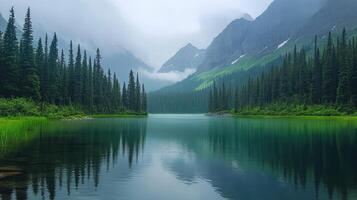 Scenic view of emerald lake surrounded by mountains and pine trees photo