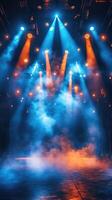 Empty stage before concert with spotlights and smoke effect photo