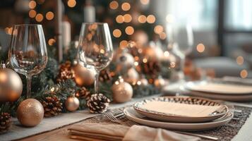 Christmas table setting with empty plates and menu is waiting for family dinner photo