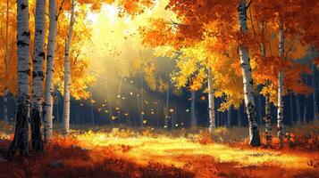 Beautiful forest path is covered with red leaves in this autumn scene photo