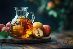 Glass jar filled with cider resting on wooden table with apples photo