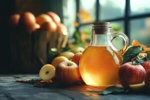 Apple cider vinegar jug surrounded by apples and fall colors on rustic wood photo