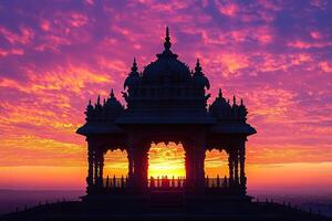 The sun is setting behind a temple, creating a warm glow photo