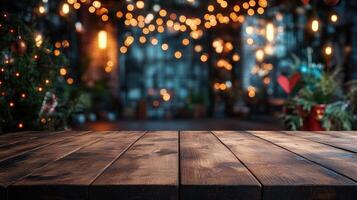 Empty wooden tabletop with festive lights and decorations providing copy space for product placement photo