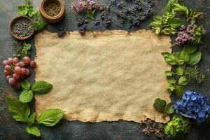 Old parchment paper surrounded by flowers and leaves creating a natural frame photo
