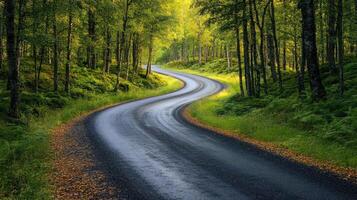 Winding empty road leading through green forest in summer photo
