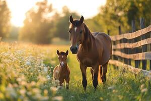 Mare and foal standing in field at sunset photo
