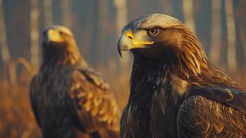 Golden eagle posing on a sunny winter day with forest background photo