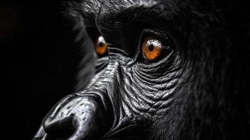 Intense gorilla staring with deep orange eyes photo