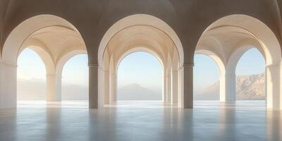 Minimalist architecture building featuring a series of arches framing a mountain view photo
