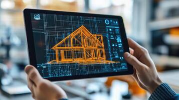 Architect using cad software on a tablet for a 3d house rendering project photo
