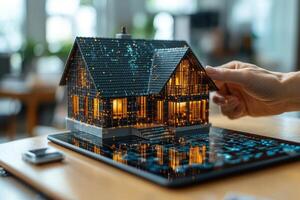 Architect presenting futuristic smart home project during meeting using augmented reality hologram photo