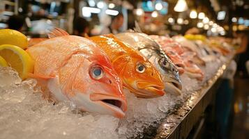 Fresh fish lying on ice displayed at market stall photo
