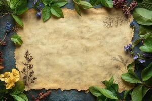 Old parchment paper surrounded by flowers and leaves creating a natural frame photo