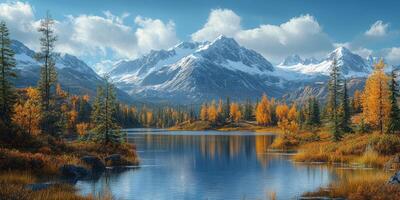 Snowy mountain range reflected in calm lake during autumn photo