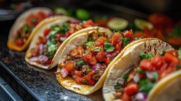 Delicious chicken tacos lying on baking sheet waiting to be served photo