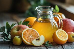 Glass pitcher of apple juice sitting on rustic wooden table with apples and oranges photo