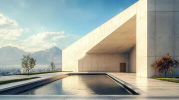 Modern concrete building overlooking a city with mountains in the background photo