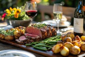Sliced roast beef tenderloin being served with green beans and potatoes photo