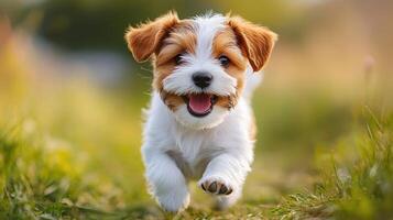 Happy puppy running on a path during golden hour photo