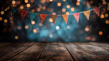Colorful party flags hanging over rustic wooden table with sparkling bokeh lights photo