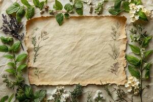 Old parchment paper surrounded by flowers and leaves creating a natural frame photo