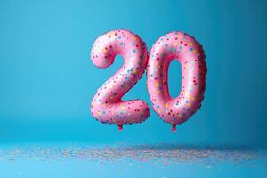 Pink balloons forming number twenty floating on blue background with confetti photo