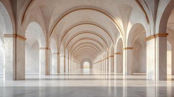 Classical architecture interior with columns forming a hallway leading to the light photo