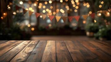 Empty wooden tabletop with festive lights and decorations providing copy space for product placement photo