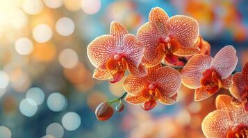 Branch of beautiful orange orchids is blooming with bokeh background photo