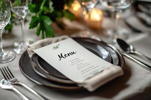 Elegant menu lying on table set for dinner in a restaurant photo
