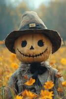 Scarecrow wearing a hat standing in a field of flowers photo