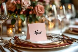 Elegant menu displayed on a table setting for a fancy dinner party photo