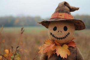 Smiling scarecrow wearing a hat and autumn leaves standing in a field photo
