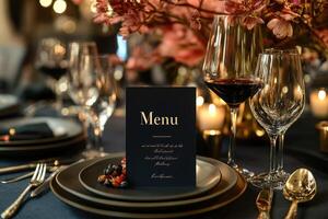 Elegant black menu on a table setting at a wedding reception photo