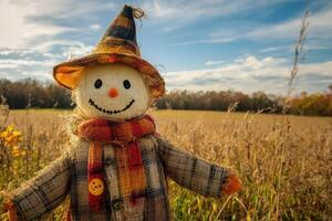 Smiling scarecrow wearing a hat and scarf standing in a cornfield photo