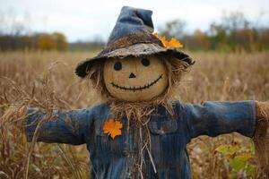 Smiling scarecrow wearing a hat and autumn leaves standing in a field photo