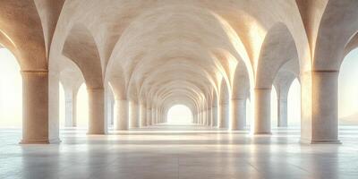 Classical architecture interior with columns forming a hallway leading to the light photo