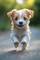 Adorable puppy running towards camera with blurred background photo